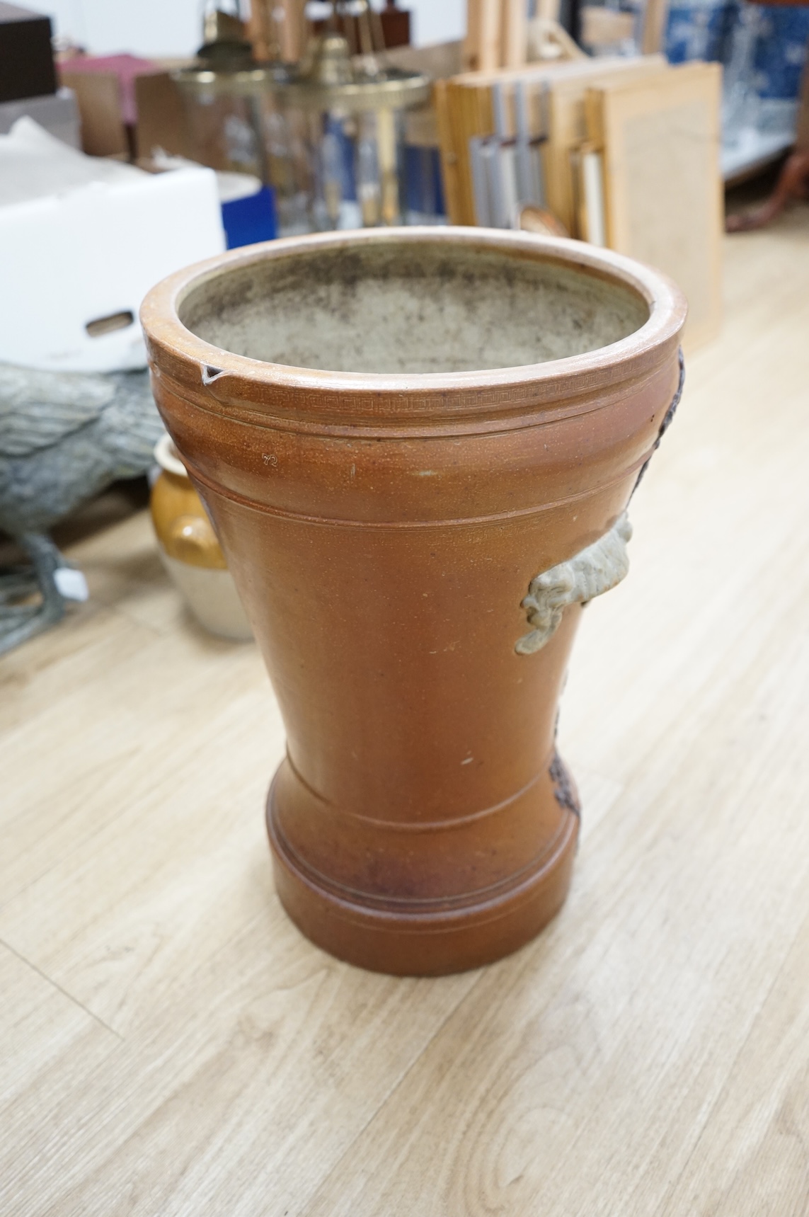 A Victorian salt glazed water filter and a stoneware jar, tallest 48cm